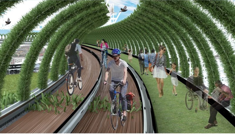 Rendering of a curved pathway with arched planting ribs and cyclists traveling beneath the vegetated canopy