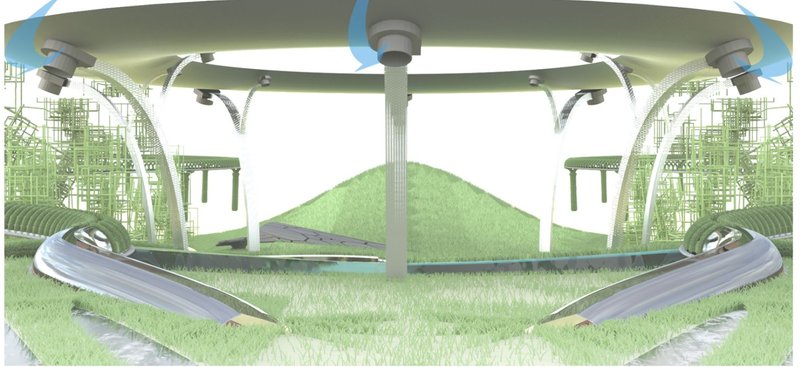 Sectional rendering showing a circular canopy supported by branching columns over terraced green mounds