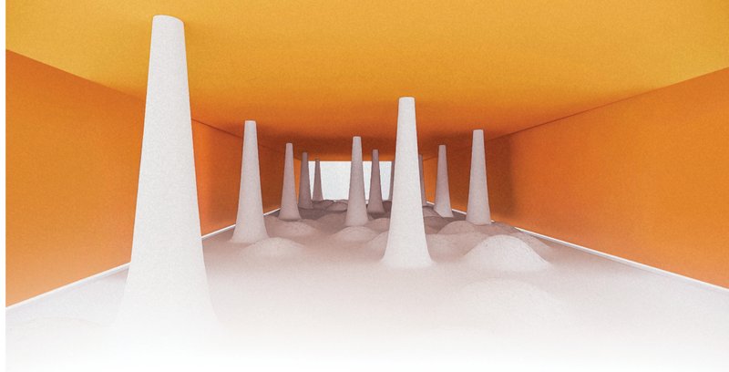 Interior Perspective – Sculptural columns and textured surfaces create an immersive architectural landscape.