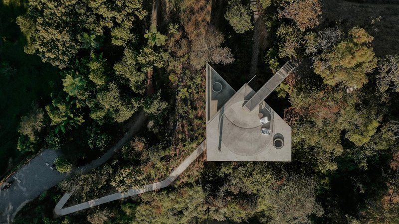 Top-down view of the curved roof terrace, circular stair tower, and winding access path through trees