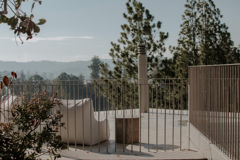 Rooftop terrace with vertical steel rod railing and cylindrical chimney framed by pine trees