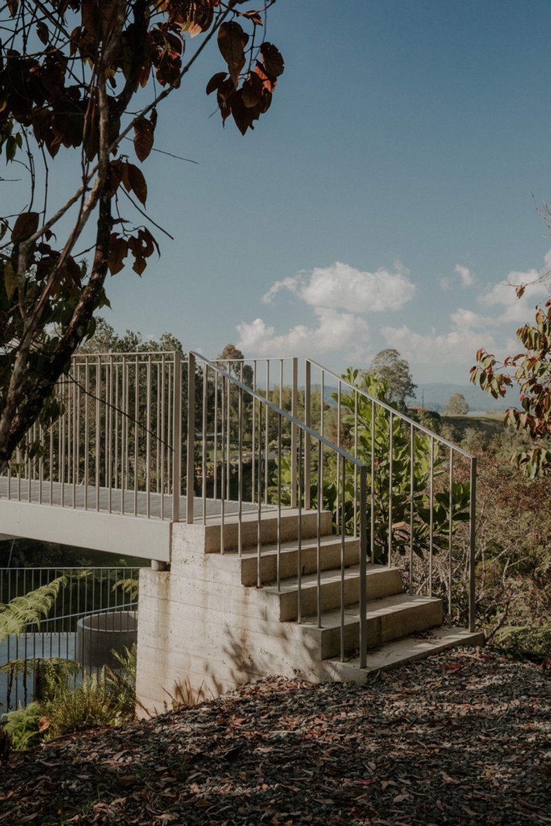 Exterior staircase with vertical metal balustrade and concrete base ascending through garden planting