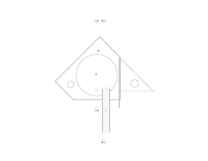 Roof plan drawing showing a triangular building with circular pool and access stair