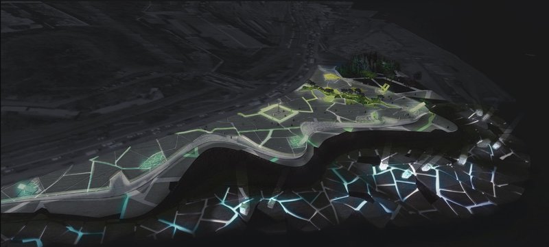 Futuristic Landscape: A night view showcasing the illuminated pathways and reflective surfaces of the Water Wound project.