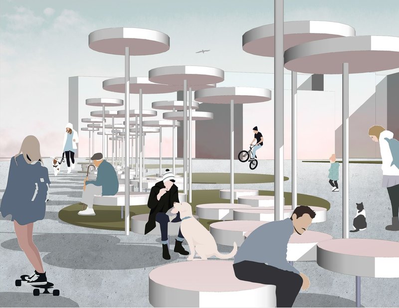 Dynamic Urban Oasis – A futuristic public space designed for relaxation and interaction.