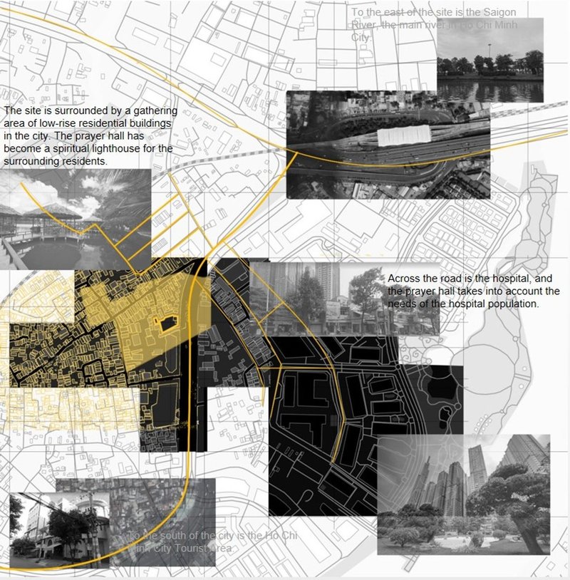 Map and photos highlighting urban integration of spiritual site.