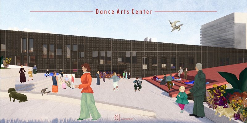 Vibrant community life at the Dance Arts Center plaza.