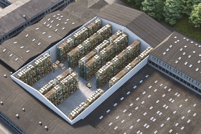 This architectural image presents an aerial view of a warehouse interior, showcasing a well-organize