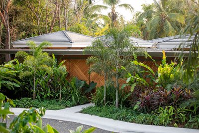 This architectural image showcases a modern tropical residence with a focus on blending indoor and o