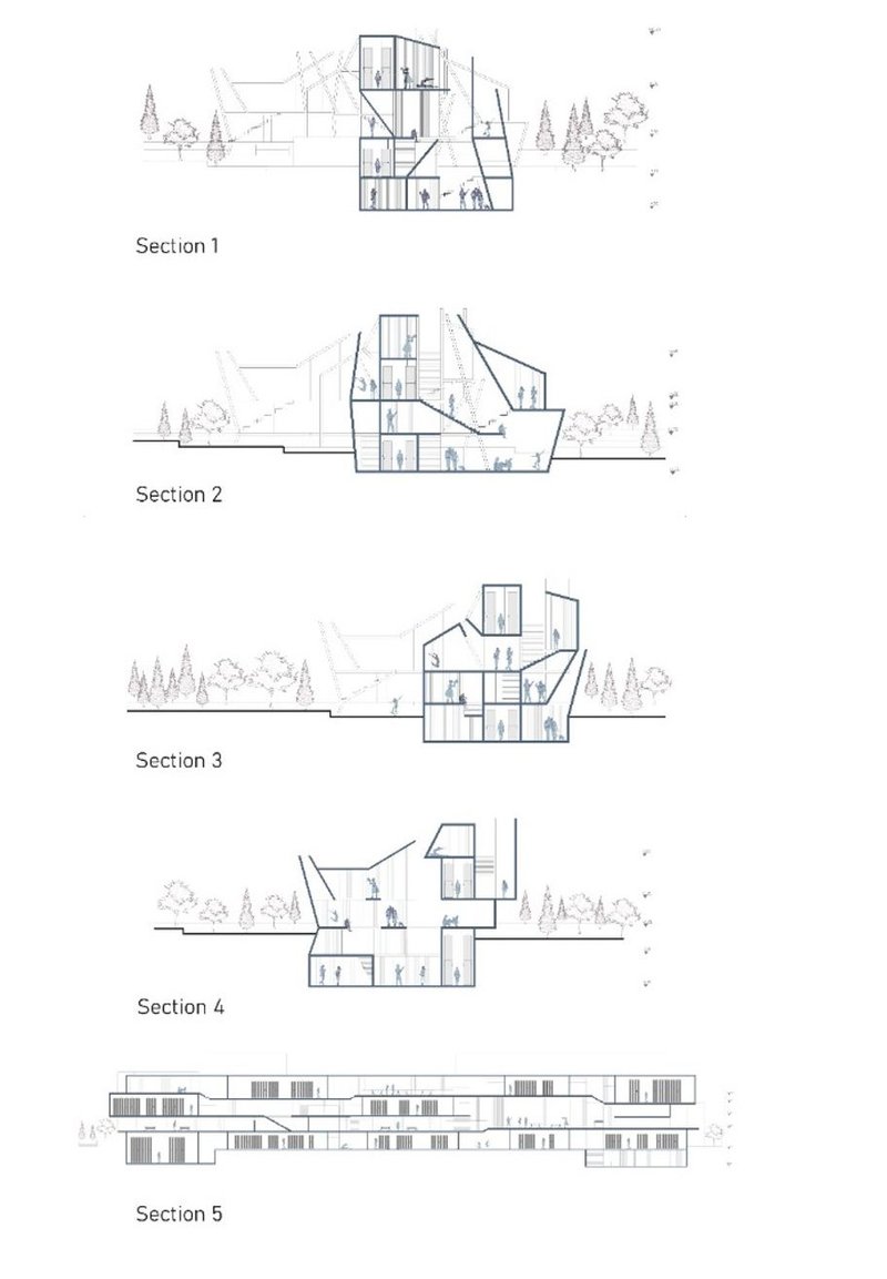 Architectural sections reveal intricate design for community spaces.