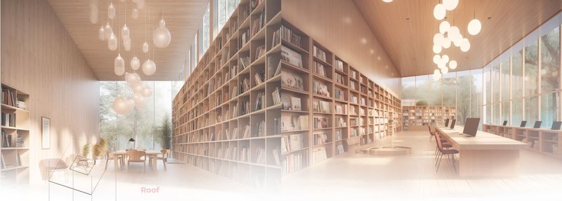 Serene library design, blending natural light with modern aesthetics.