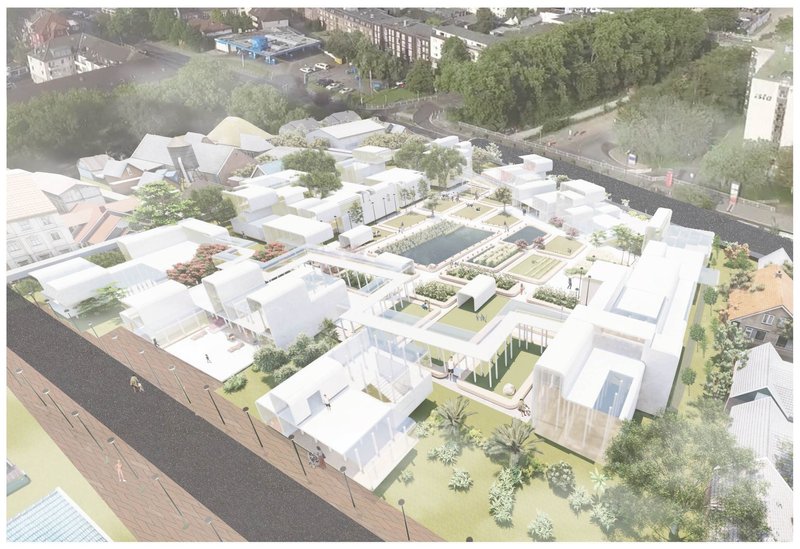 Aerial view of an eco-friendly urban complex blending modern architecture with green spaces.