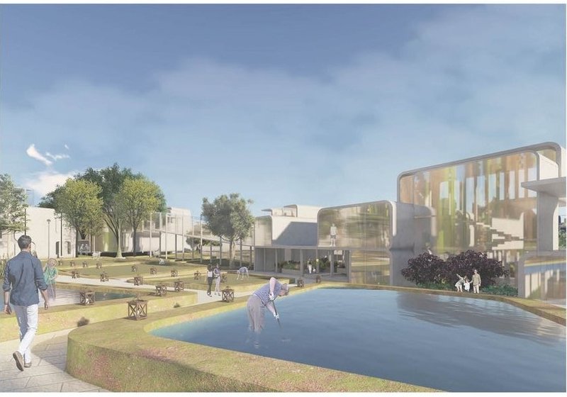 Community-focused design featuring green spaces and water elements for urban renewal.