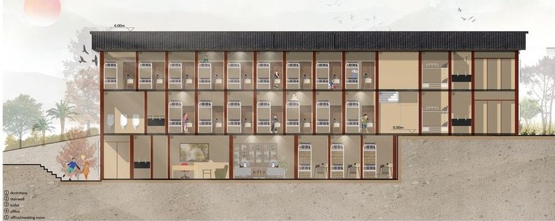 Cross-section of a sustainable student dormitory, integrating comfort and functionality.