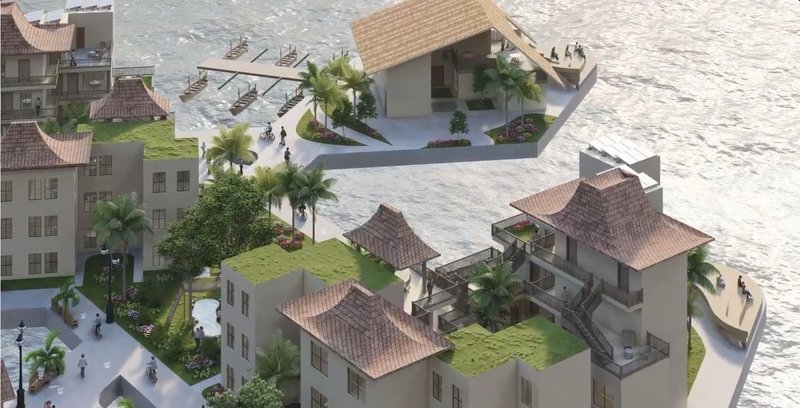 Green rooftops and waterfront views in Nilai city.