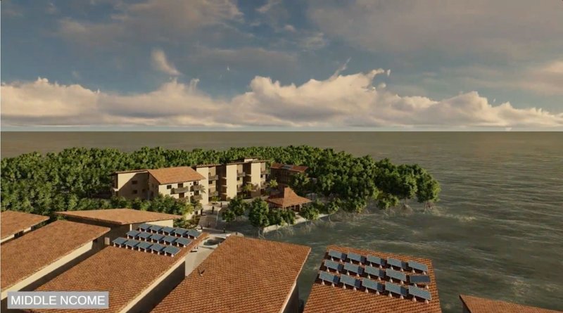 Middle income housing amidst lush mangrove islands.