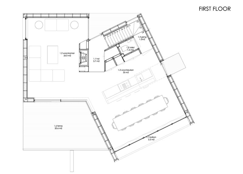 First floor plan drawing showing an angled layout with living spaces, terrace, kitchen and stair