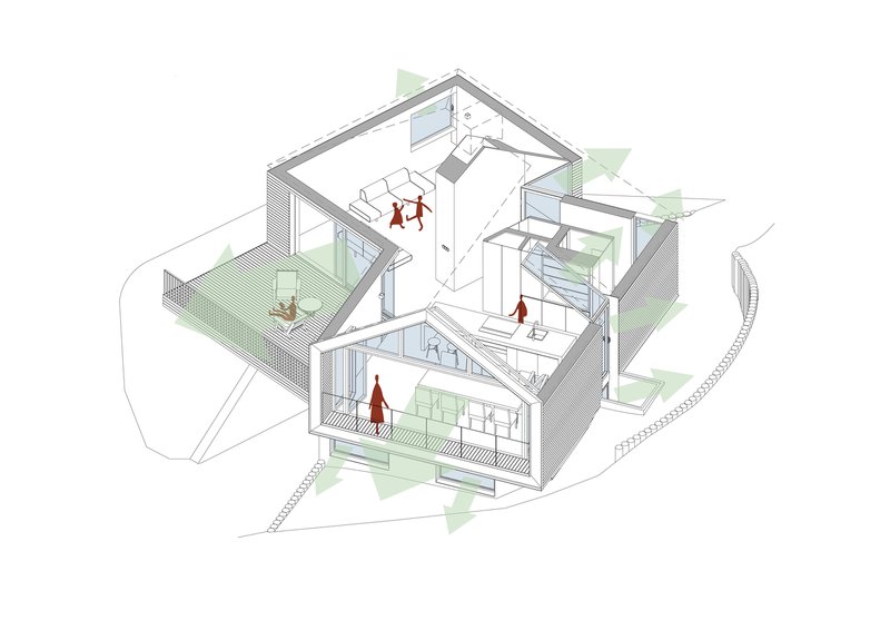Axonometric cutaway drawing revealing interior spaces across multiple levels with figures and terraces
