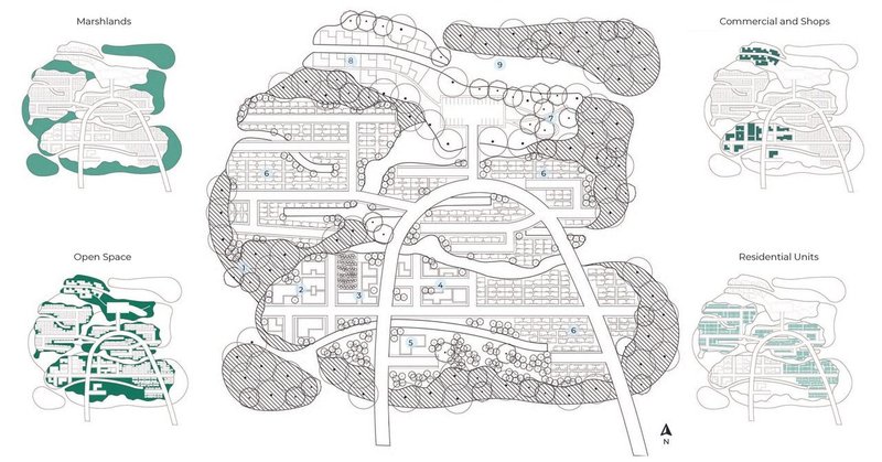 Master plan highlighting marshlands, commercial, residential, and open spaces.