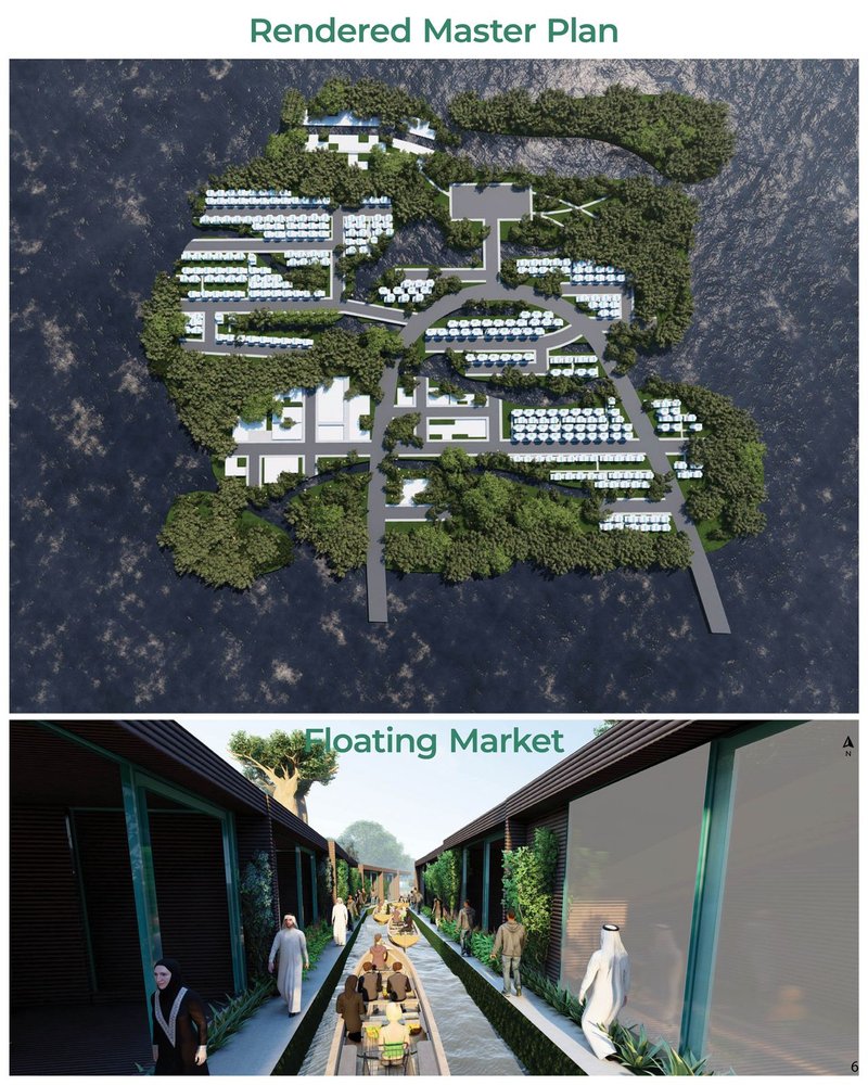 Rendered master plan and vibrant floating market concept.