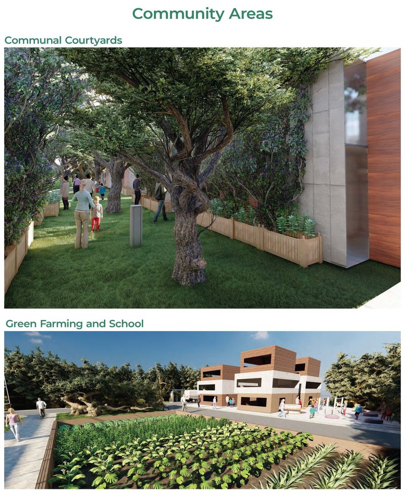 Peaceful communal courtyards and productive green farming school area.