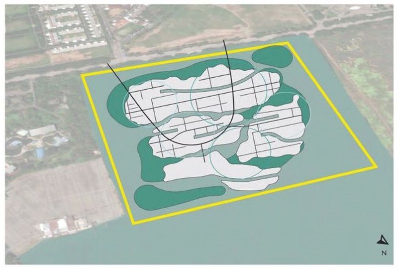 Integrated water inlets and road system on floating islands.