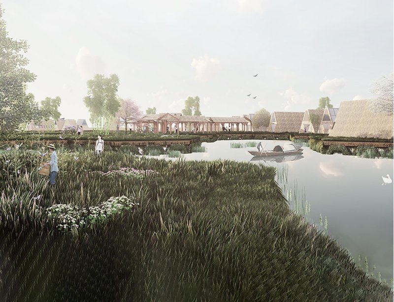 A serene view of Floatopia's floating housing community.