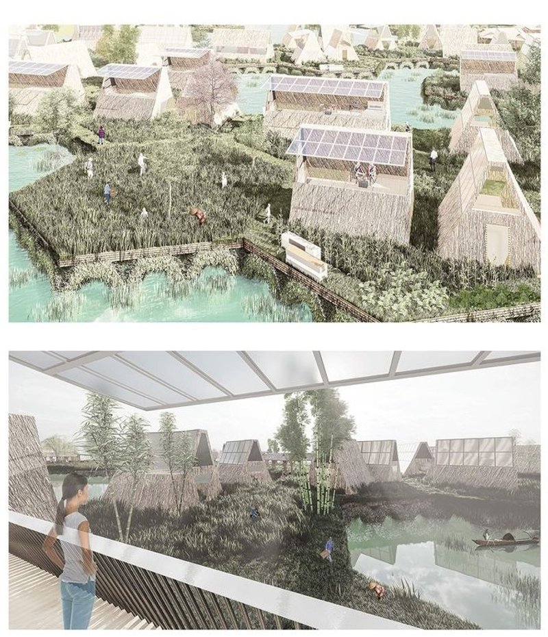 Sustainable homes with solar panels in Floatopia community.