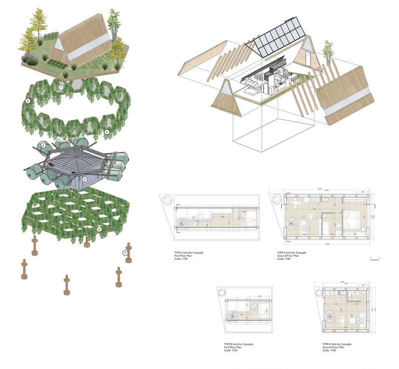 Detailed architectural plans and cross-sections of Floatopia homes.