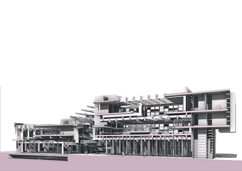 Megastructure marketplace: planes, ramps, light, and community.