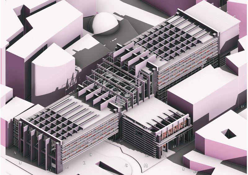 Elevated marketplace: interlocking planes, dynamic spaces, urban revitalization.