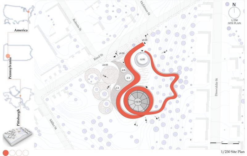 Site plan: "FLOW" integrated into the urban fabric.