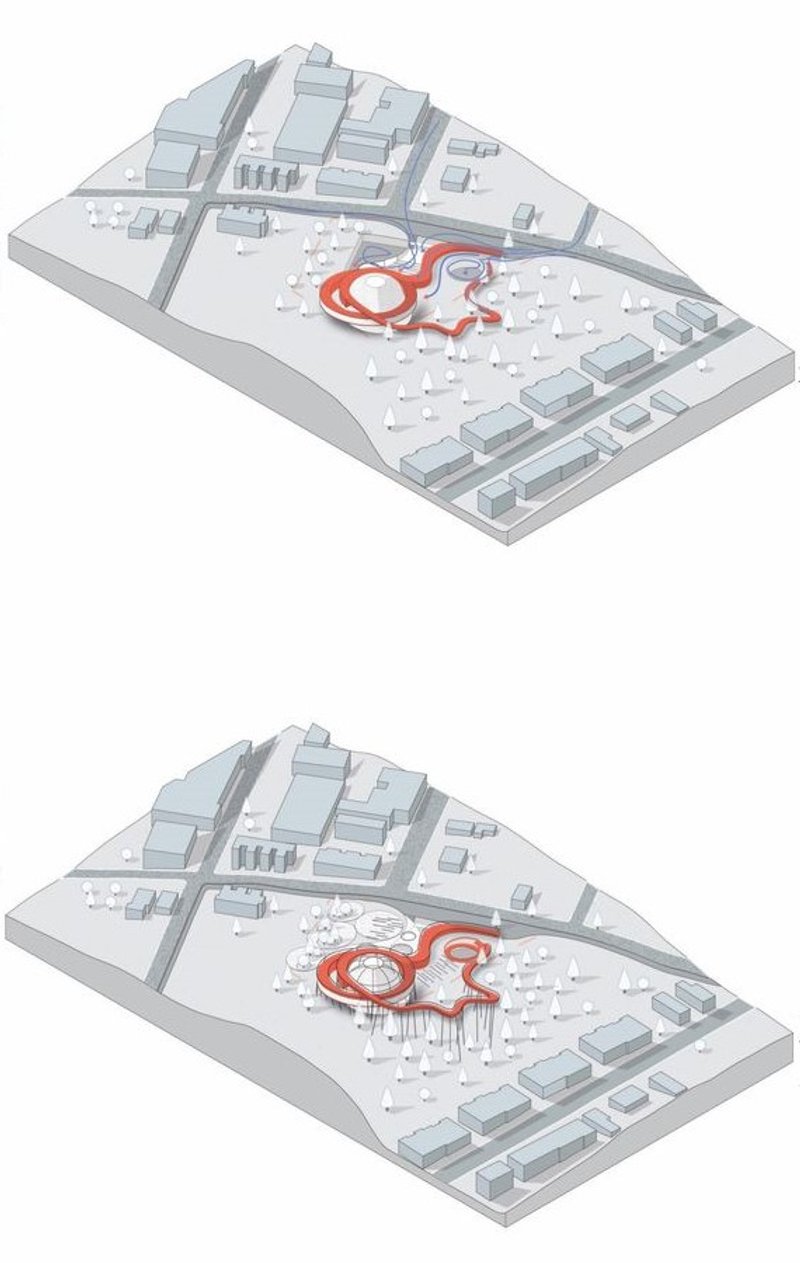 Architectural response: Interconnected structures and the ramp.