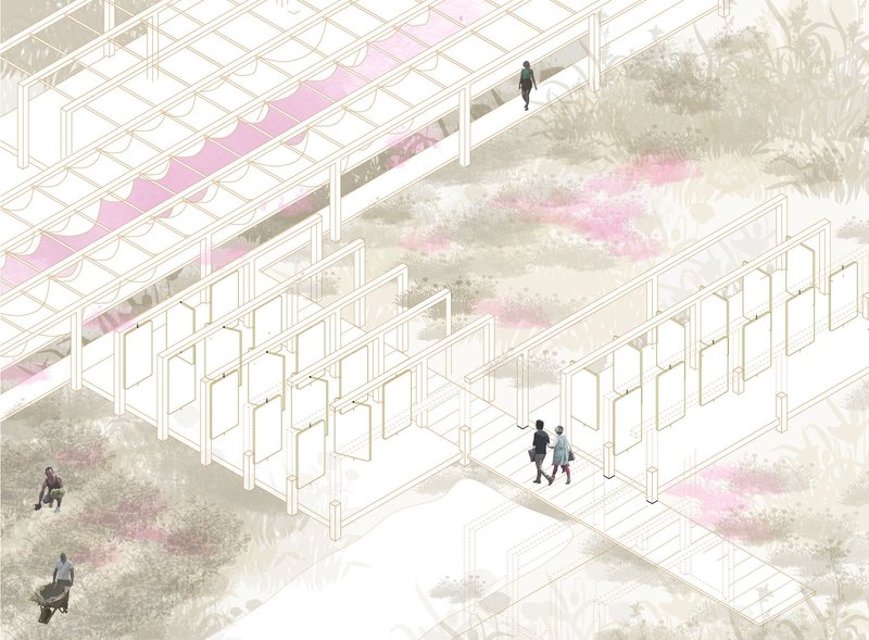Open-air tea pavilion with walkways encourages community interaction.