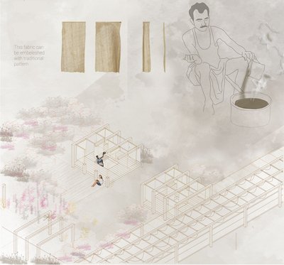 This architectural image presents an axonometric projection of an outdoor structure designed for fab