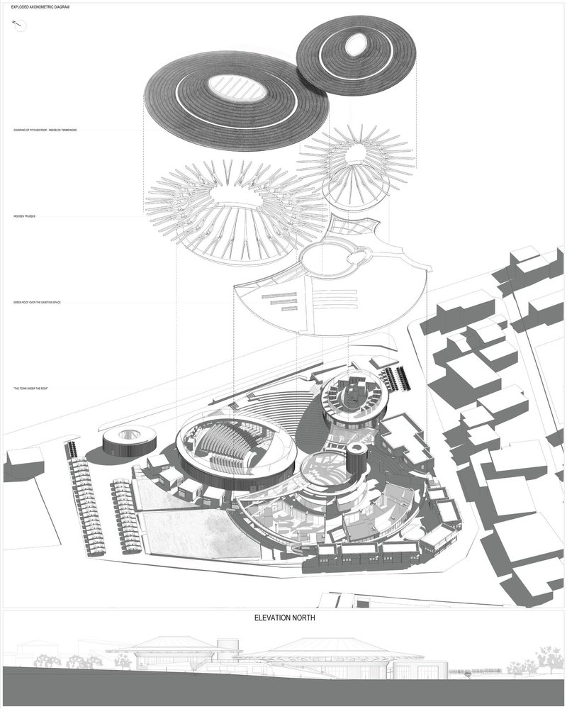 Exploded axonometric diagram of the Craft Center's roof structure.