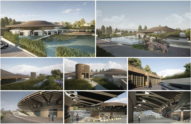 Central cylindrical building with scenic pathways.