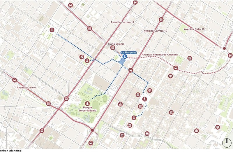 Urban context map: La Mariposa plaza location, transportation, and surrounding amenities.