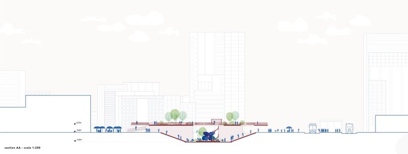 Plaza redesign: Section drawing showcasing multi-level public space and urban context.