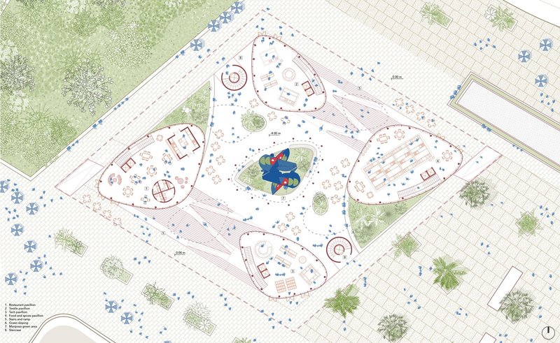 Plaza redesign: Ground floor plan illustrating pavilions, landscaping, and pedestrian circulation.
