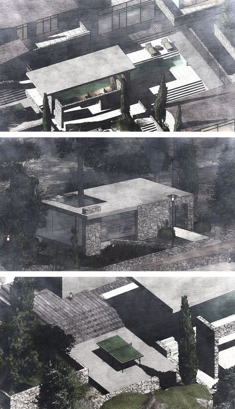 Stone guesthouse nestled in greenery.