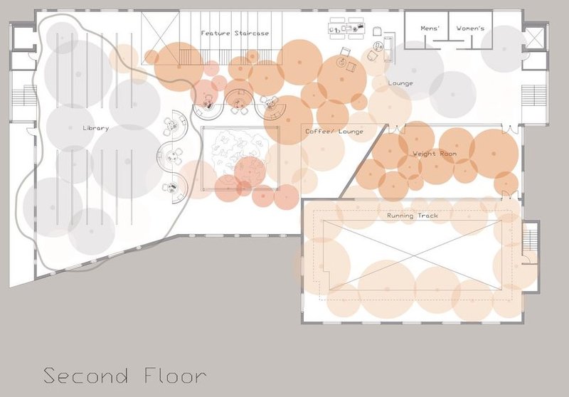 Second floor plan featuring library, lounges, and fitness areas.