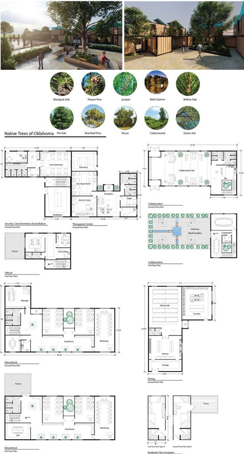 Site plans and layouts for sustainable modular housing project.
