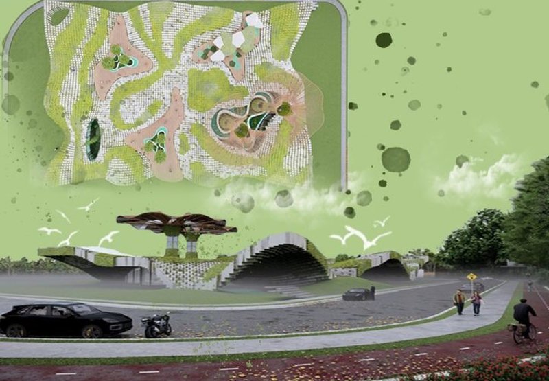 Overhead view showcases the pavilion's organic design layout.