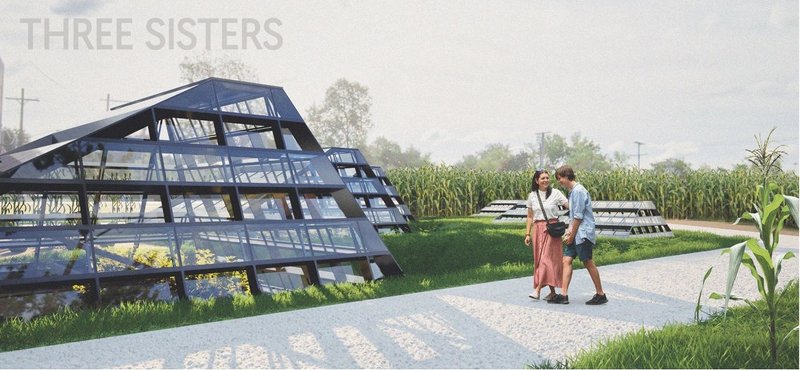 Visitors stroll through the sustainable Three Sisters farm.