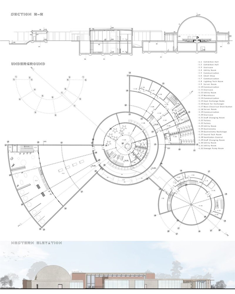 Architectural blueprints of MarsTrip Space Centre's layout and sections.