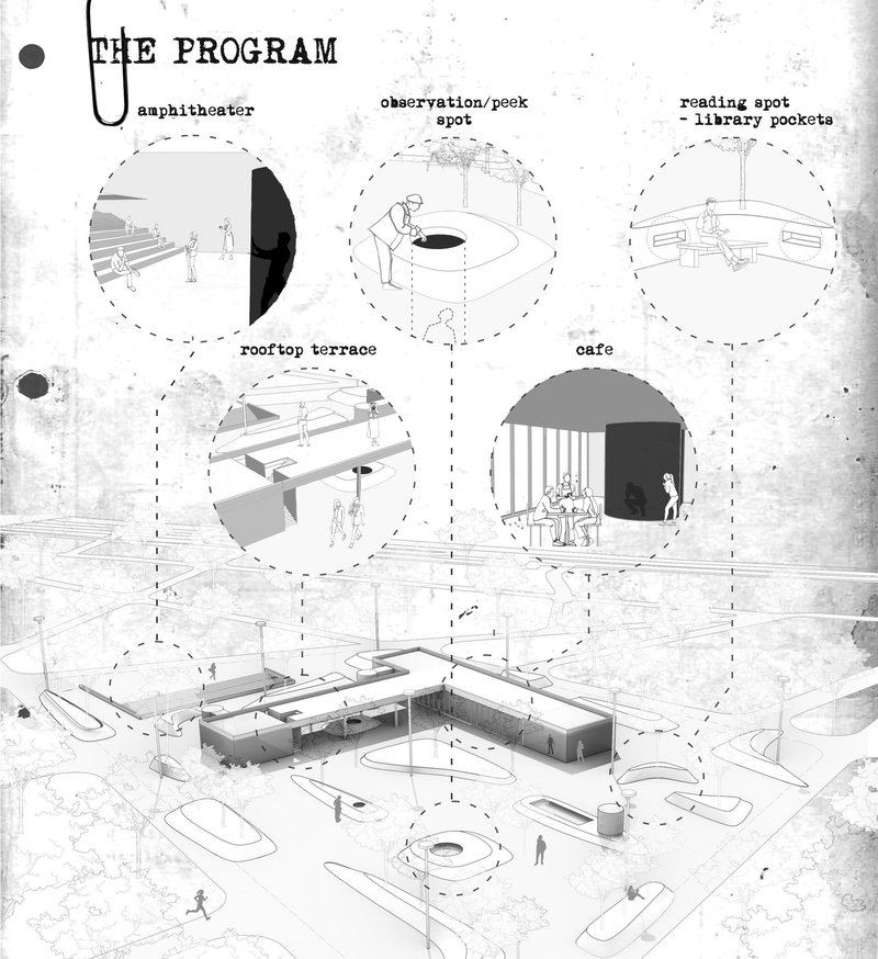 Program elements blend public engagement with architectural exploration of bureaucracy.