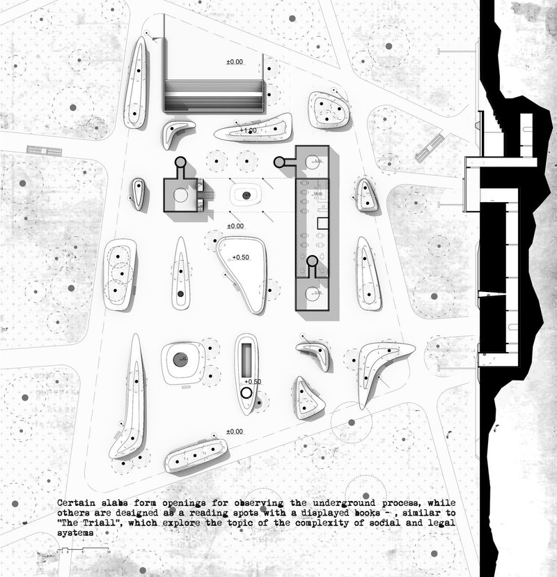 Above-ground spaces contrast bureaucratic complexity with transparent public engagement.