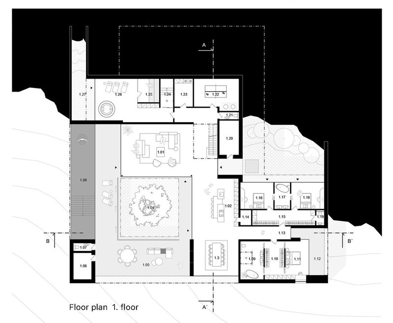 Modern house's first floor plan featuring living areas and garden.