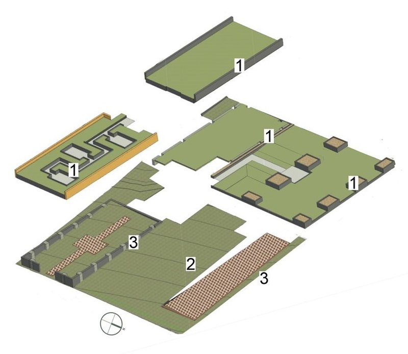 Greenhouse Apartments: exploded axonometric view highlighting green roofs and ground-level access.